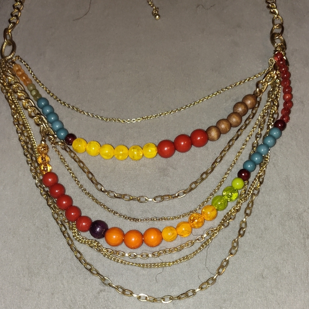 Multicolor Beaded Necklace with Gold Chains